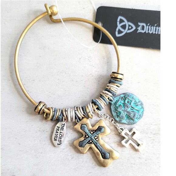 Mixed Metal The Lords Prayer Cross Charm Bracelet - Picture 1 of 2